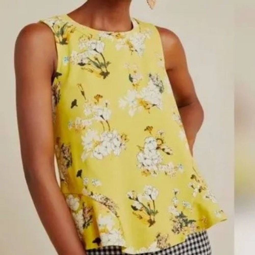 Eva Franco Anthropology Mustard Yellow Floral Peplum Sleeveless Cotton Top Small